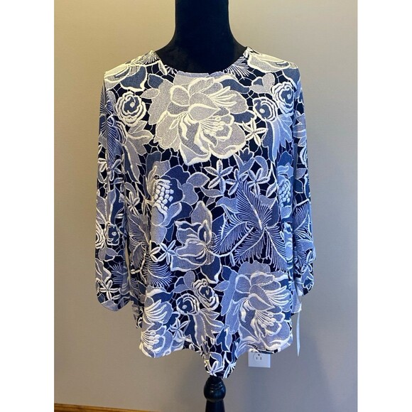 Alfred Dunner Blouse NEW Top Blue & White Pattern size Medium 3/4 Sleeve Dressy - Picture 2 of 12